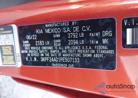 2023 Kia Forte Lxs z USA, uszkodzony, nr VIN 3KPF24AD1PE507133